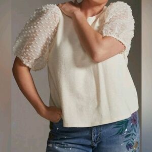 Maeve Anthropologie Ivory Puff Sheer Elbow Sleeve Woven Top XL NWOT